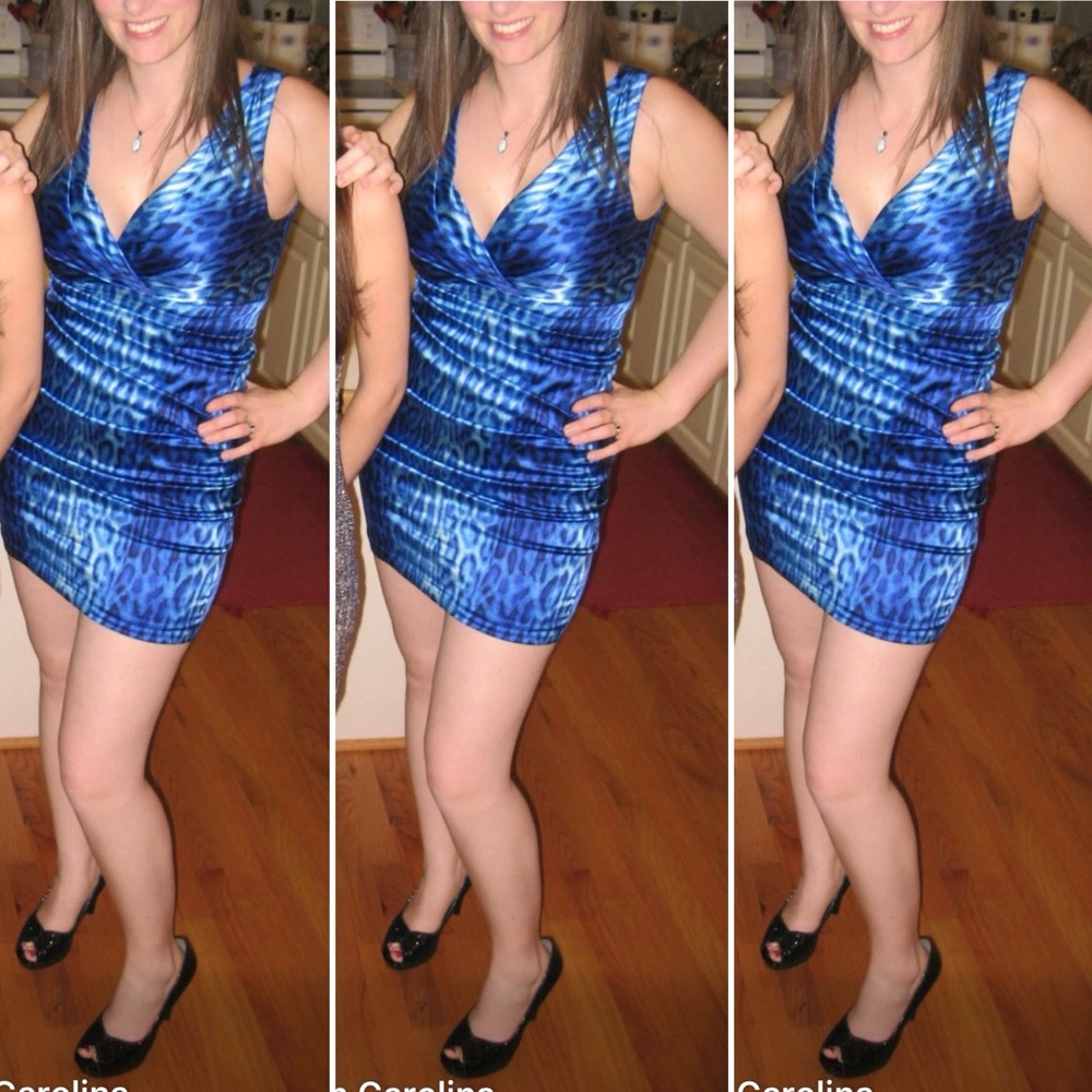 Cache Silk Blue Leopard Dress size 8 *it has been shortened* looks like pic!